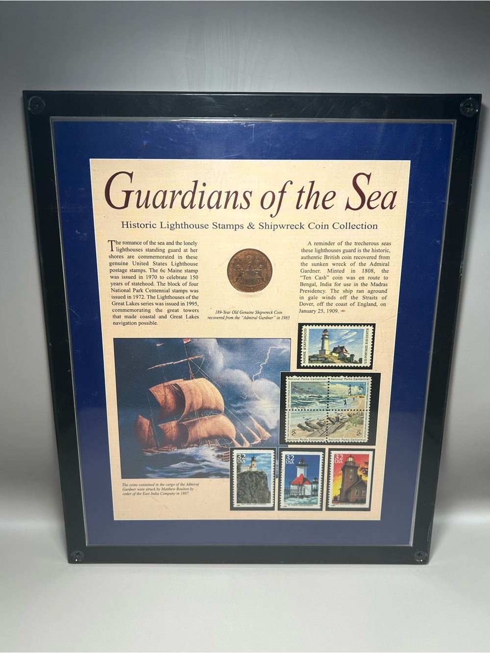 Guardians of the Sea Framed Lighthouse Stamp and Shipwreck Coin Wall Art